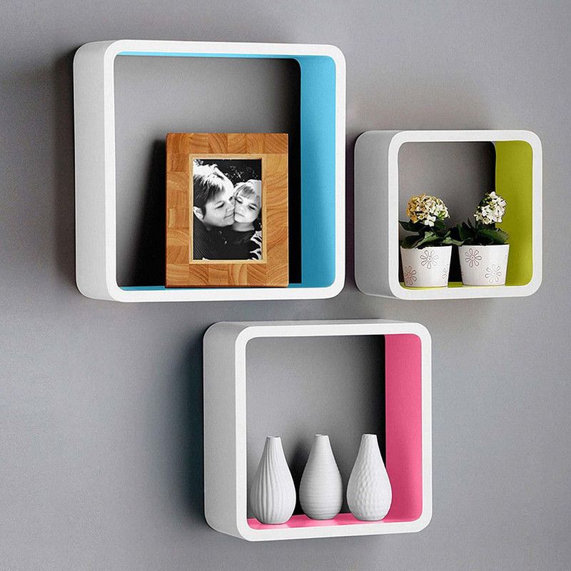 wooden creation SET OF 3 SQUARE PINK BLUE WHITE YELLOW MDF (Medium Density Fiber) Wall Shelf  (Number of Shelves - 3, Pink, Yellow, White, Blue)