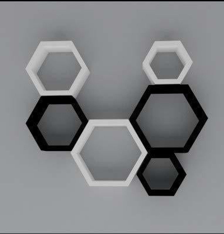Stark Creation Wooden wall floating wall mounted hexagon wall shelf MDF (Medium Density Fiber) Wall Shelf  (Number of Shelves - 6, White, Black)