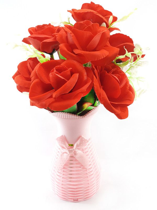 Rose Vibe Rose Vibe Plastic Bonsai pot with Artificial Velvet Flower Roses bunch Red, Green, Pink Rose Artificial Flower with Pot  (12 inch, Pack of 1, Flower Bunch with Vase)