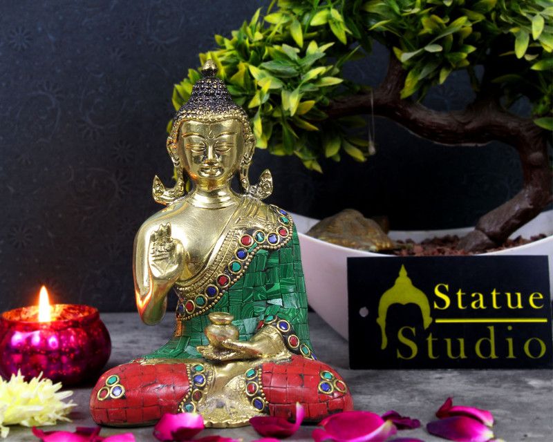 StatueStudio Buddha Statue Blessing Buddha Decor Brass Buddha Idol for Home Décor & Gift Item Decorative Showpiece - 7.6 cm  (Brass, Multicolor)