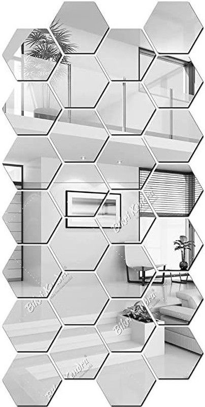 Bikri Kendra 12 cm 28 Hexagon Silver - 3D Acrylic Decorative Mirror Wall Stickers Self Adhesive Sticker  (Pack of 28)