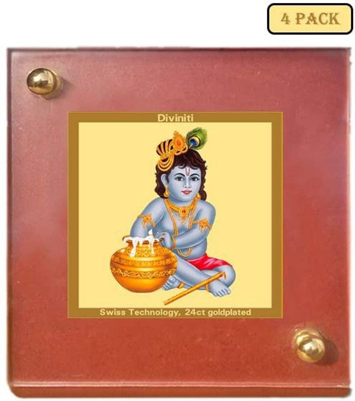 DIVINITI Bal Gopal God Idol Photo Frame for Car Dashboard MDF 1B Woooden frame 4 pack Decorative Showpiece - 10 cm  (Gold Plated, Brown)
