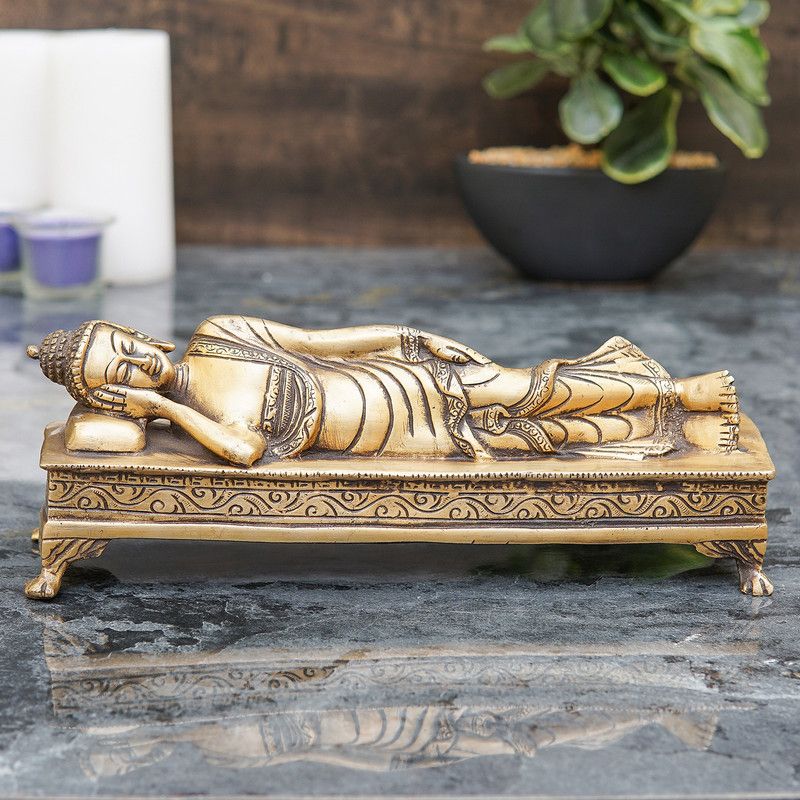 StatueStudio Buddha Statue Sleeping Buddha Idol for Living Room, Yoga Room, Home Décor & Gift Decorative Showpiece - 7.6 cm  (Brass, Gold)