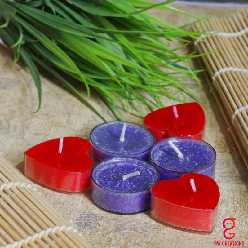 GW Creations moment Circle & Heart Shaped Rose Heart & LavanderCircle Scented Candle Candle  (Red, Purple, Pack of 6)