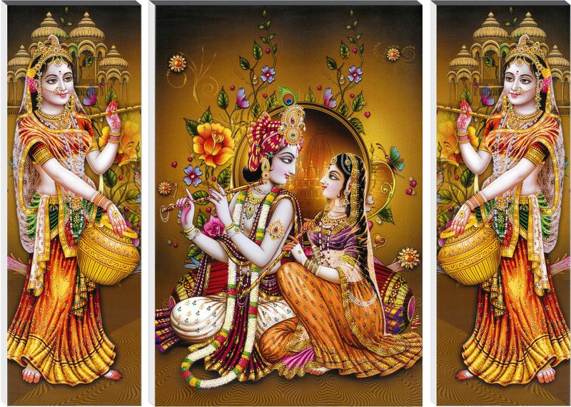 saf 6MM MDF Large Set of 3 RADHA KRISHNA Digital Reprint 18 inch x 24 inch Painting  (With Frame, Pack of 3)