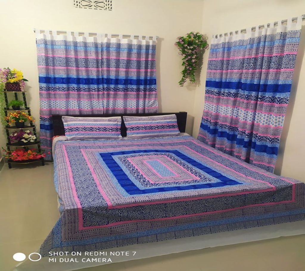 King Size Cotton Multi colors  Block Printed Bed Sheet with Matching 2 Pillow Covers-37