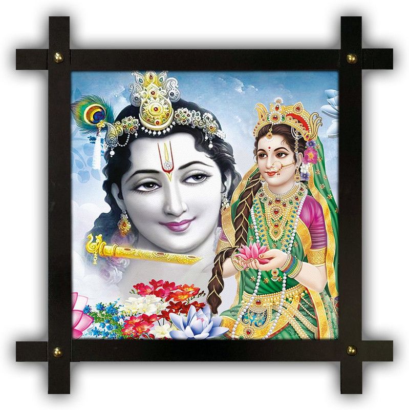Poster N Frames Cross Wooden Frame Hand-Crafted with photo of Radha Krishna 14959 Digital Reprint 16.5 inch x 16.5 inch Painting  (With Frame)