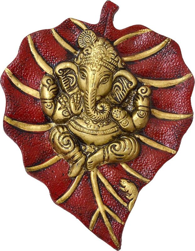 ARISERS Lord Ganesha on Red Leaf Decorative Showpiece - 18 cm Decorative Showpiece - 18 cm  (Metal, Multicolor)