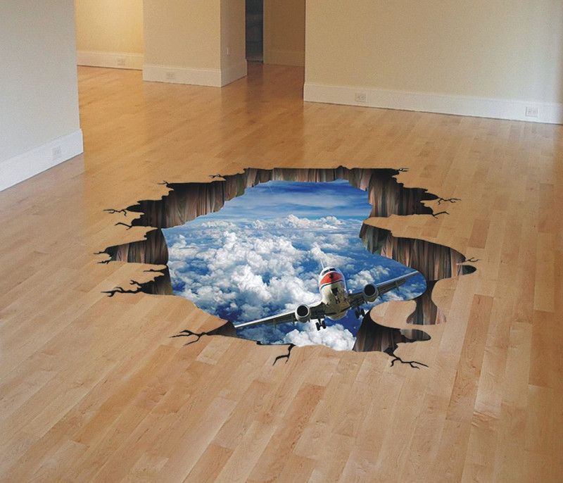 Varadvinayak 59 cm The Aeroplane come out from the hole pond Medium 3D self Adhesive floor sticker Self Adhesive Sticker  (Pack of 1)