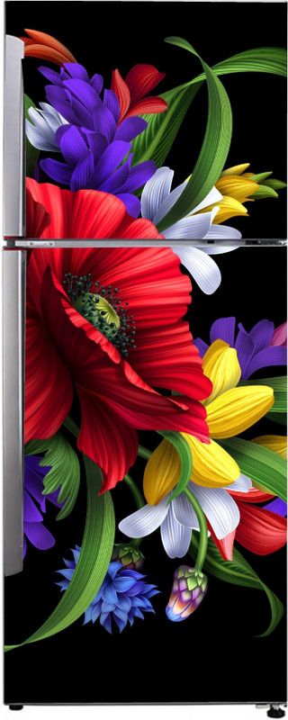 Advait Designs 60 cm Advait Designs abstract beautiful decorative colourful flowers leaves with black background extra lardge fridge sticker for fridge decor (pvc vinyl multicolor) Self Adhesive Sticker  (Pack of 1)