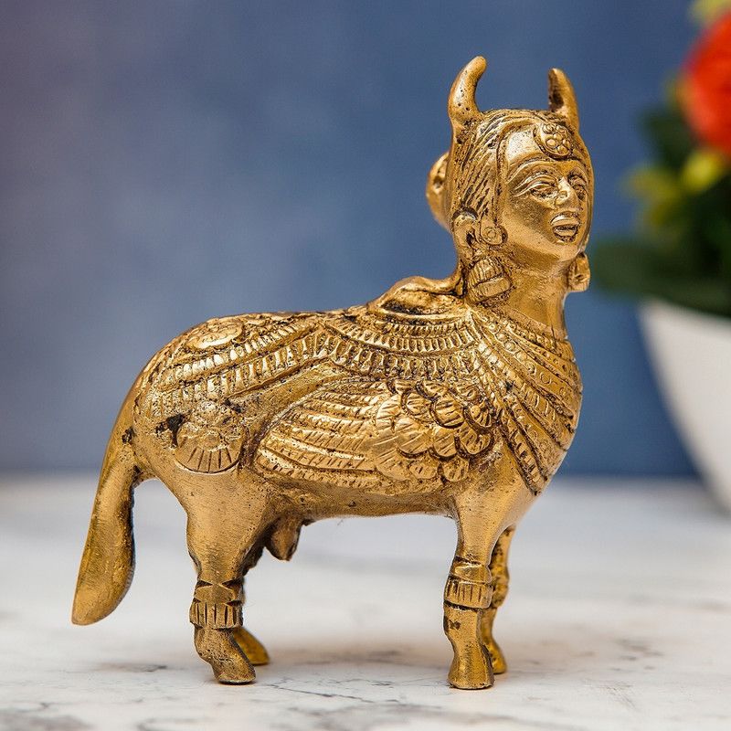 StatueStudio Kamdhenu Cow Staue Brass Religious Showpiece For Home Decor, Feng Shui & Gifting Decorative Showpiece - 10.16 cm  (Brass, Gold)