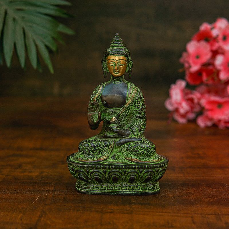 StatueStudio Buddha Statue Blessing Buddha Decor Brass Buddha Idol for Home Décor & Gift Item Decorative Showpiece - 6.4 cm  (Brass, Black)