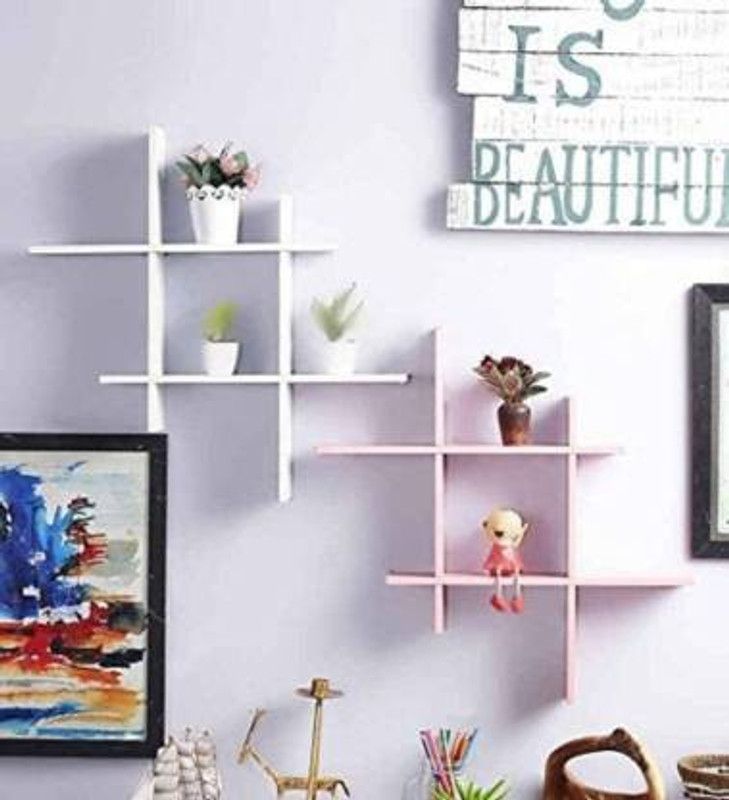 ANB Enterprises Wall Rack Shelves Black and White Set of 2 Pieces Wooden Wall Shelf (Number of Shelves - 3, Pink, White) MDF (Medium Density Fiber) Wall Shelf  (Number of Shelves - 12, White, Pink)