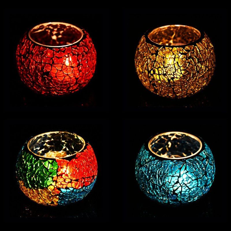 iHandikart Crackle Tea Light Candle Holder Pack Of 4 (9074) Glass 4 - Cup Tealight Holder  (Multicolor, Pack of 4)