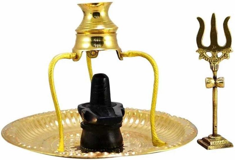 Shv Marble Shaligram Shiva Ling Lingam Statue Plate with Kalash Stand Decorative Showpiece - 10 cm  (Brass, Gold, Black)