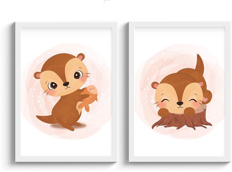 SC CREATIVES Set of 2 Cuddly Little Squirrel Wall Decor | Boho Room Decor - White Frame | Ready To Hang Digital Reprint 12 inch x 9 inch Painting  (With Frame, Pack of 2)