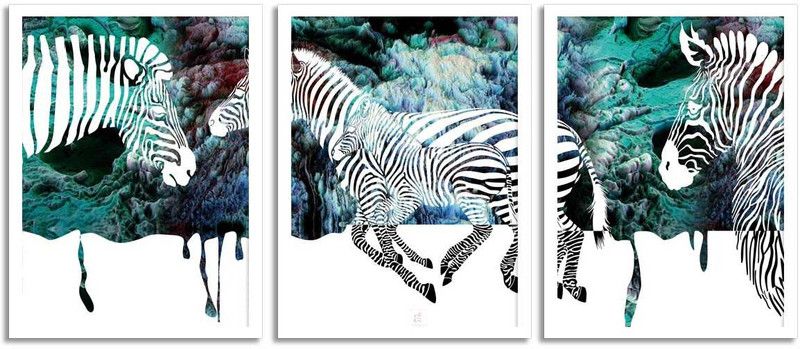 Painting Mantra Set of 3 Blue Bell Zebra Theme White Framed Art Print for Home Décor Digital Reprint 17.5 inch x 12.5 inch Painting  (With Frame, Pack of 3)
