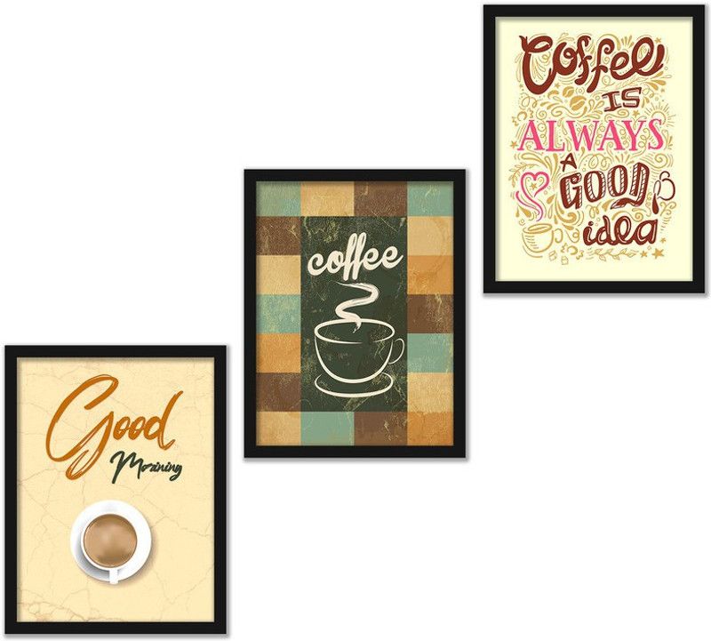 Rainbow Arts Wall Posters for Coffee Lover with Frame - Framed Wall Paintings for Home Kitchen Office Restaurant Cafe Studio and Bar Decor Digital Reprint 14 inch x 11 inch Painting  (With Frame, Pack of 3)