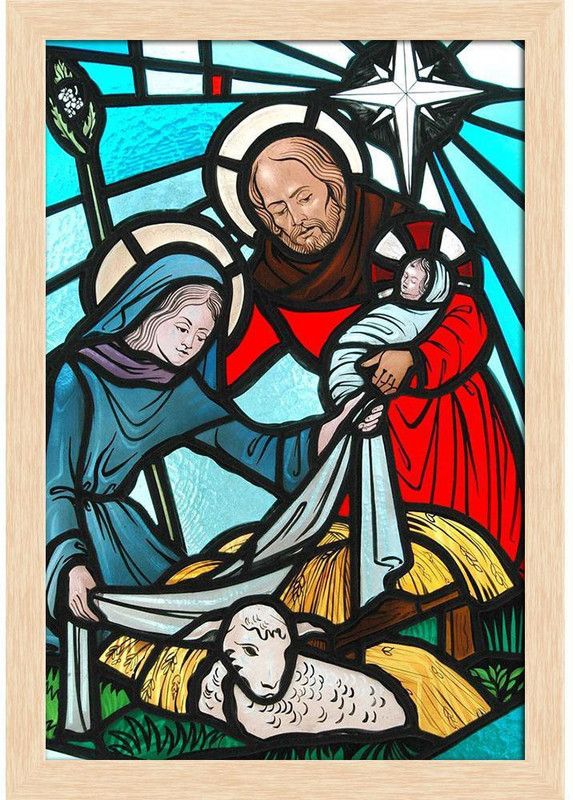 Artzfolio Stained Glass Window Of The Nativity Painting Natural Brown Frame 12x17.6inch Canvas 17.6 inch x 12 inch Painting  (With Frame)