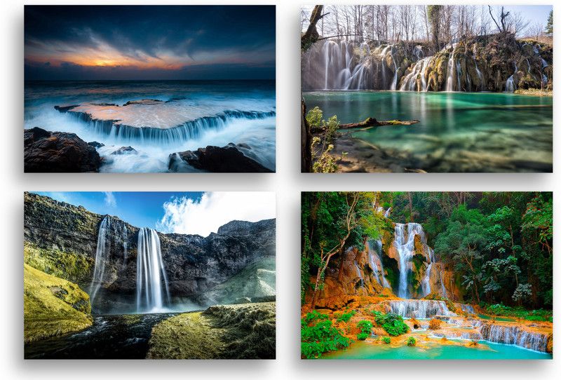PRINTHUBS 60.96 cm Natural Waterfall Poster For Room Home office Wall Decor (Size 24x18 Inch)D22 Self Adhesive Sticker  (Pack of 4)