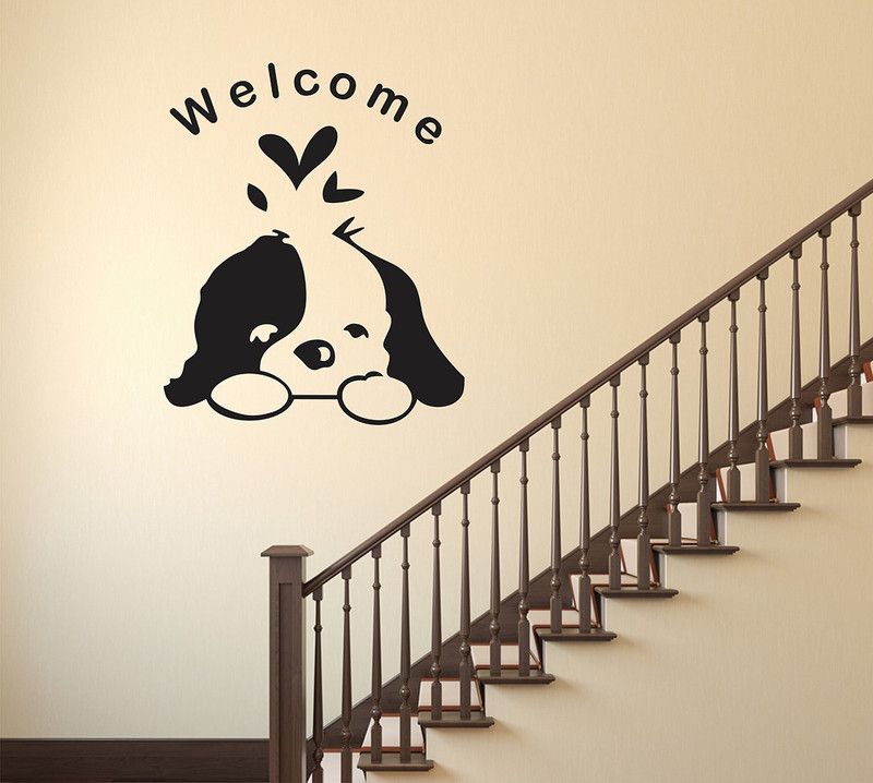 Wollfill 45 cm Cute Puppy 'Welcome' wallsticker Self Adhesive Sticker  (Pack of 1)