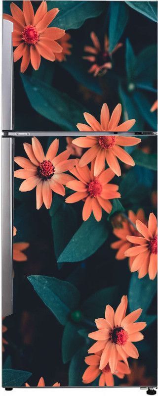 ADVAIT DESIGNS 160 cm Beautiful orange colour flower with leaves decorative fridge sticker for kitchen Self Adhesive Sticker  (Pack of 1)