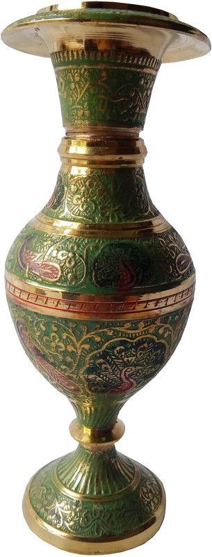 MOZO HUB Hand Crafted Green Color Kashmiri Glass Pattern Flower Brass Vase  (10.62 inch, Green)