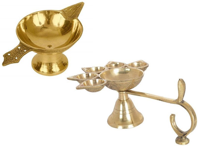 VALUE CRAFTS Combo Of 5 Face Puja Camphor Burner Lamp Panch Aarti Jyoti With Brass Akhand Laxmi Deepak Pital Diya Brass (Pack of 2) Table Diya Set  (Height: 2.9 inch)