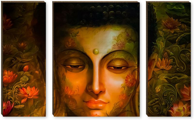 RaniPari Set Of 3 MDF Framded UV Coated Buddha Painting For Living Room Digital Reprint 18 inch x 12 inch Painting  (With Frame, Pack of 3)