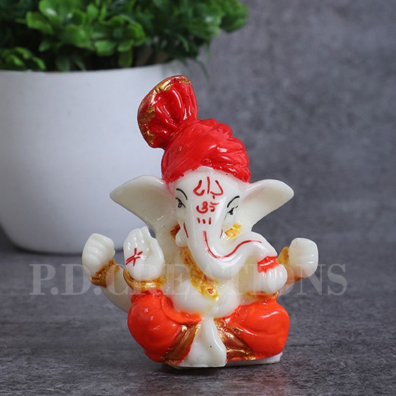 P.D.Creation Ganesha Idols for Home Decor and Office Decor, Car Dashboard Decorative Showpiece - 7 cm  (Resin, Red, Orange, Orange)