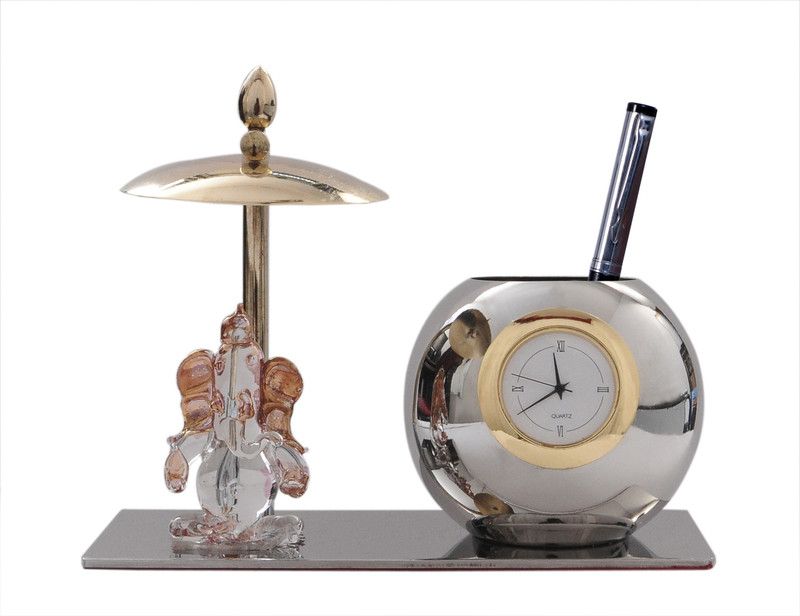 GABA TIME Gaba time Gold and Silver plated Table Showpiece with Crystal Ganesh figurine Decorative Showpiece - 12 cm  (Metal, Multicolor)