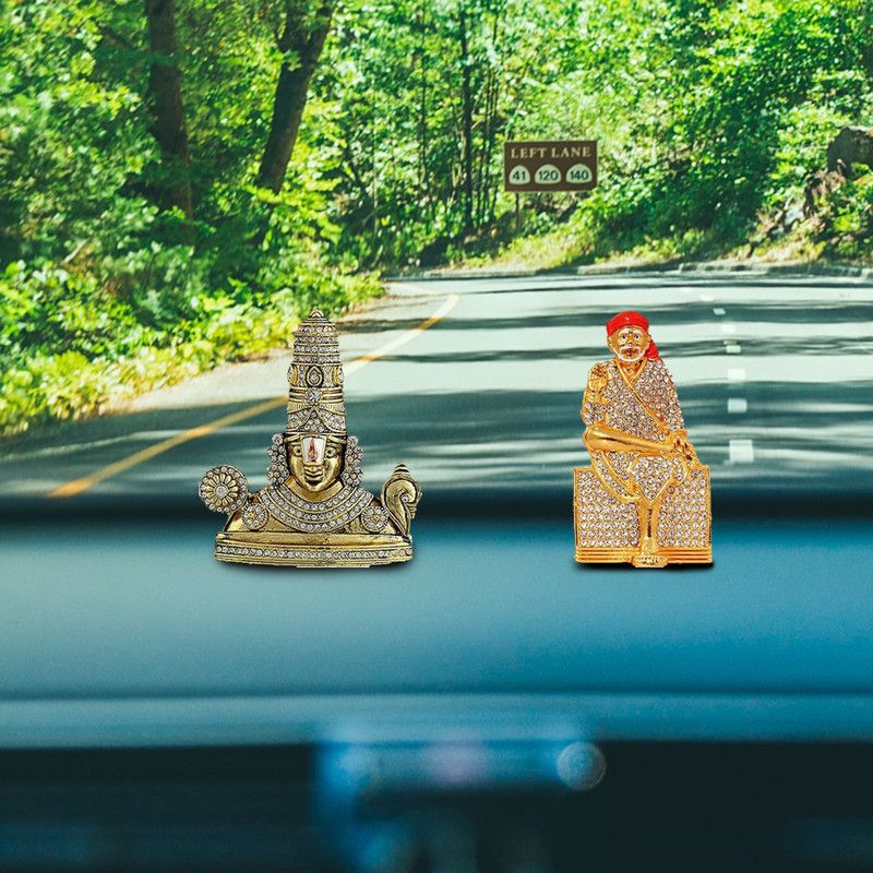 FABZONE Combo of 2 God Tirupati / Thirupathi Balaji & Sai Baba Car Dashboard Idol Sai Nath Statue Decorative Spiritual Puja Vastu - Religious Murti Pooja Gift Item / Temple / Home Décor Decorative Showpiece - 8 cm  (Brass, Multicolor)