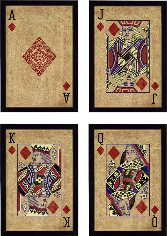 Ritwika's Set Of 4 Premium Artwork Of King, Queen, Jack and Ace Of Diamond|Wall Paintings Digital Reprint 13.5 inch x 9.5 inch Painting  (With Frame, Pack of 4)