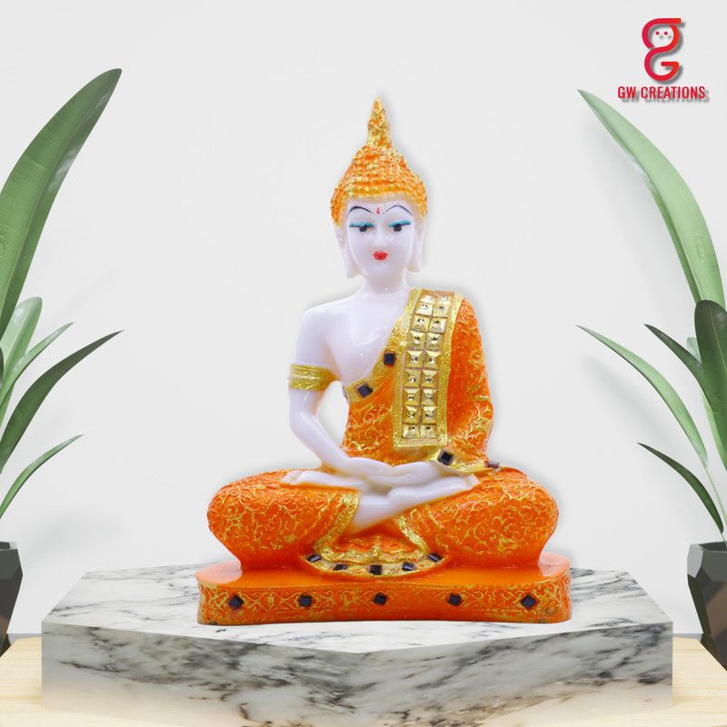 GW Creations Beautiful Meditating Lord Gautam Buddha With Red Rose Plant Decorative Showpiece - 23 cm  (Marble, Orange)