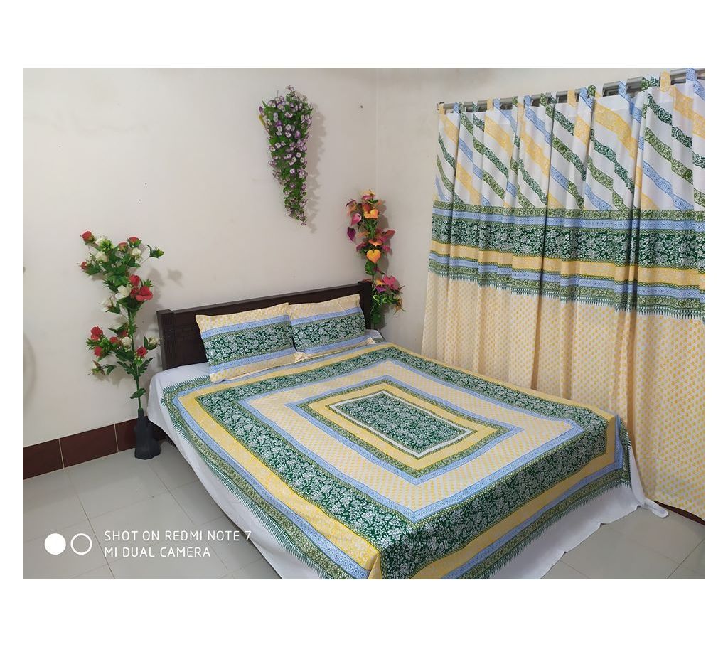 King Size Cotton Multi colors  Block Printed Bed Sheet with Matching 2 Pillow Covers-39