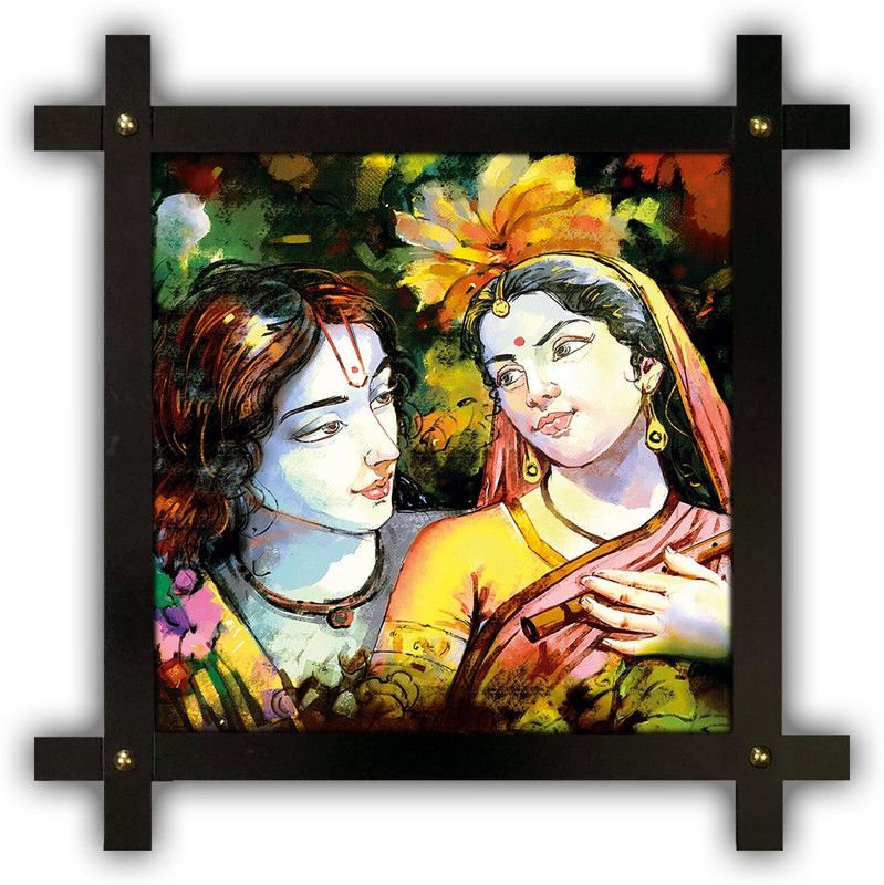 Poster N Frames Cross Wooden Frame Hand-Crafted with photo of Radha Krishna 11222 Digital Reprint 16.5 inch x 16.5 inch Painting  (With Frame)