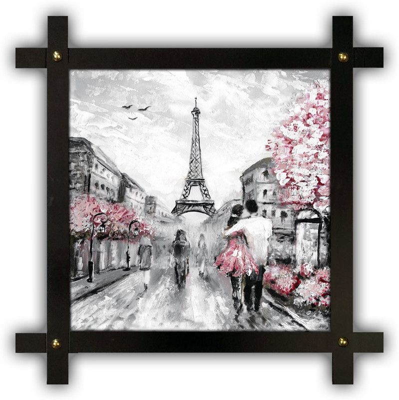 Poster N Frames Cross Wooden Frame Hand-Crafted with photo of Eiffel Tower Landscape Scenery 18068 Digital Reprint 16.5 inch x 16.5 inch Painting  (With Frame)