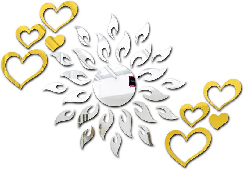 Bikri Kendra 100 cm heart golden 2 set - 3D acrylic mirror wall stickers Self Adhesive Sticker  (Pack of 37)