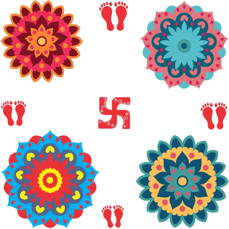 Decoration Designs 30 cm Floral Rangoli Combo Sticker for Diwali with Ganesh _GD550 Self Adhesive Sticker  (Pack of 9)