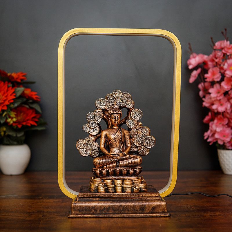 StatueStudio Buddha Statue Buddha LED Light Frame Decor Buddha Idol for Home Décor & Gift Decorative Showpiece - 14.7 cm  (Polyresin, Brown)