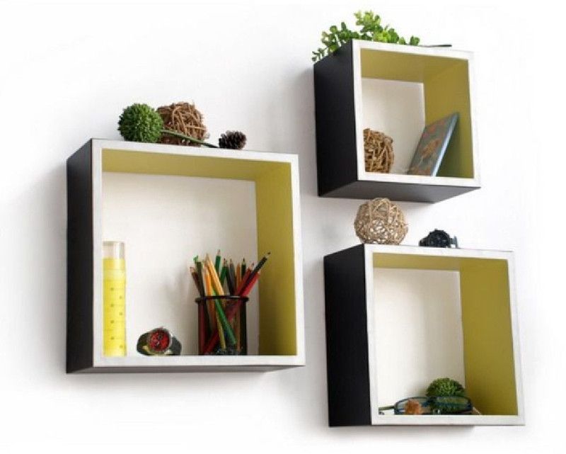 wooden creation SET OF 3 SQUARE BLACK YELLOW MDF (Medium Density Fiber) Wall Shelf  (Number of Shelves - 3)