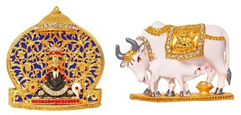 9facts Set of 2 Lord Venkateswara Thirupathi Balaji Idol God Statue & Kamdhenu Cow And Calf Idol - Handicraft Decorative Home & Temple Décor God Figurine Decorative Showpiece - 5 cm  (Brass, Multicolor)