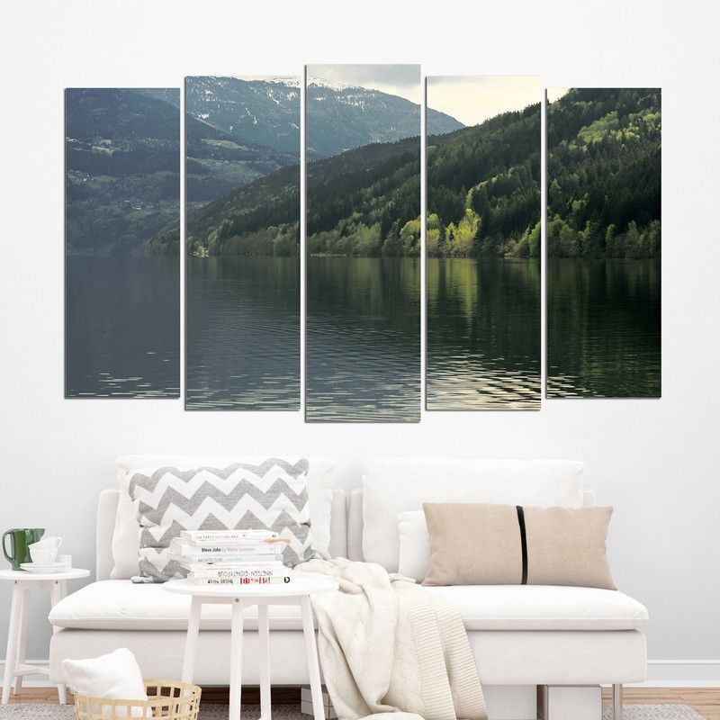 Coloriffy Multiple Frames Beautiful Lake Wall Painting for Living Room, Bedroom, Office, Hotels, Drawing Room | Split Painting of 5 (130cm X 76cm) Digital Reprint 30 inch x 52 inch Painting  (With Frame, Pack of 5)