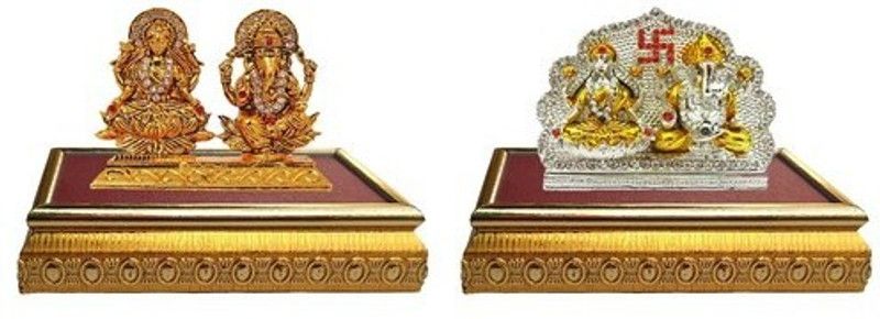 9facts Set of 2 with wooden base Goddess Laxmi & Lord Ganesha Idol God Statue & Goddess lakshmi / Laxmi & Lord Ganesha Idol God Statue Gift Item Decorative Showpiece Decorative Showpiece - 9 cm  (Brass, Multicolor)