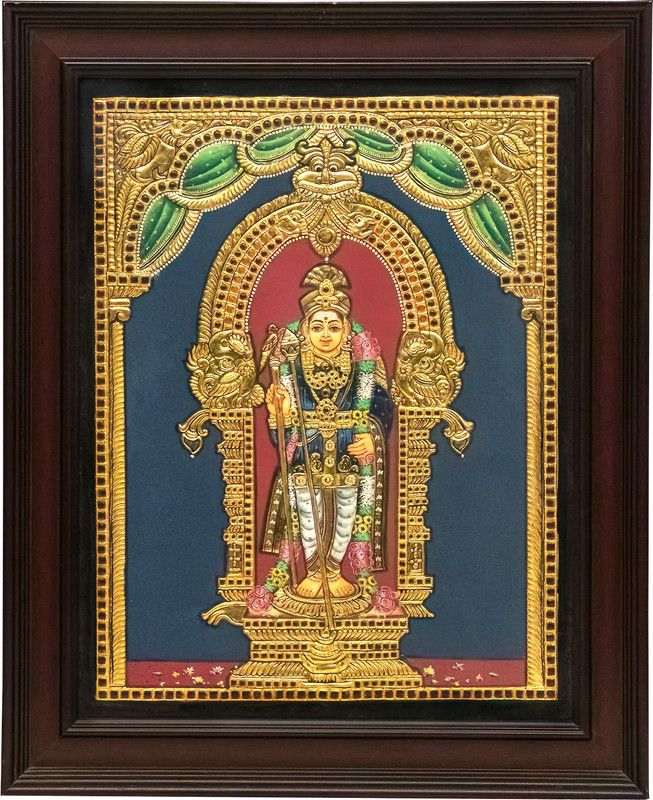 Mangala Arts Murugan Antique Tanjore Painting, 24 Carat Gold Foil Painting Natural Colors 20 inch x 16 inch Painting  (With Frame)