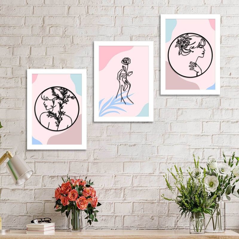 Painting Mantra Set of 3 Boho Lady MDF Embosed 3D Framed Art Print for Wall Décor Embossed 13.01 inch x 9.1 inch Painting  (With Frame, Pack of 3)