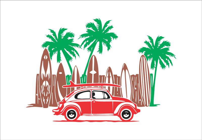 Crown Decals 60 cm vintage car on beach multicolor pvc vinyl wall sticker Self Adhesive Sticker  (Pack of 1)