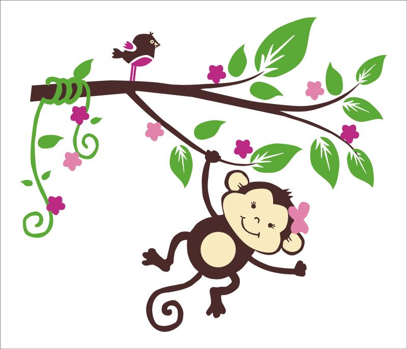 Byte Studio 84 cm Playing monkey on tree branch PVC vinyl multicolor wall sticker size :- 84 Cm X 72 Cm Self Adhesive Sticker  (Pack of 1)