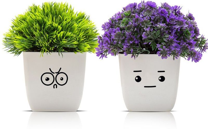 Amputive Artificial Plant Cute Bushy Shrub Topiary Shrub with Classy White Face Pots for Home/Office Decoration-Set of 2-AE26 Green, Purple Cherry Blossom Artificial Flower with Pot  (4.7 inch, Pack of 2, Flower Bunch)