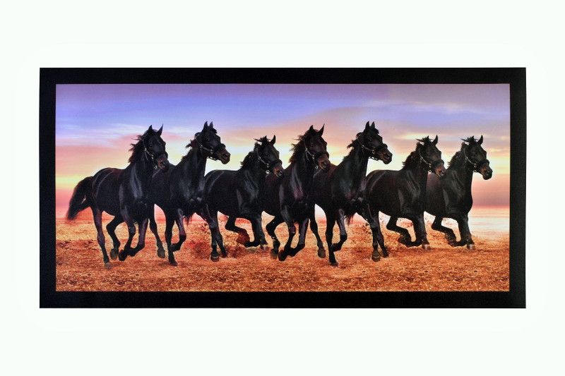 Vastu Black 7 Horses Unframed Sparkle Sticker Wall Poster (20 X 40 Inches) Fine Art Print  (20 inch X 40 inch, Rolled)
